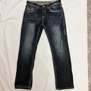 Y2K Platini Jeans Men’s Dark Wash Flap Pocket Streetwear 36x34